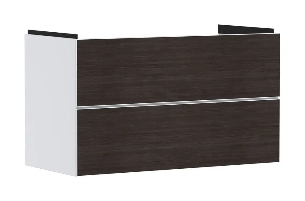 Waschtischunterschrank in Mattweiß von Hansgrohe mit zwei Schubkästen. Die Front ist in dunkler Holzoptik gehalten, der Korpus ist weiß.